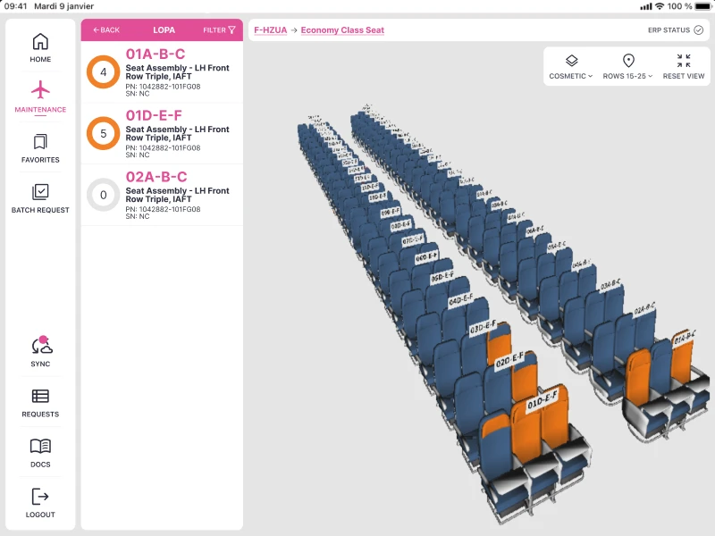 A 3D vie of the aircraft cabin with a side panel to select a seat