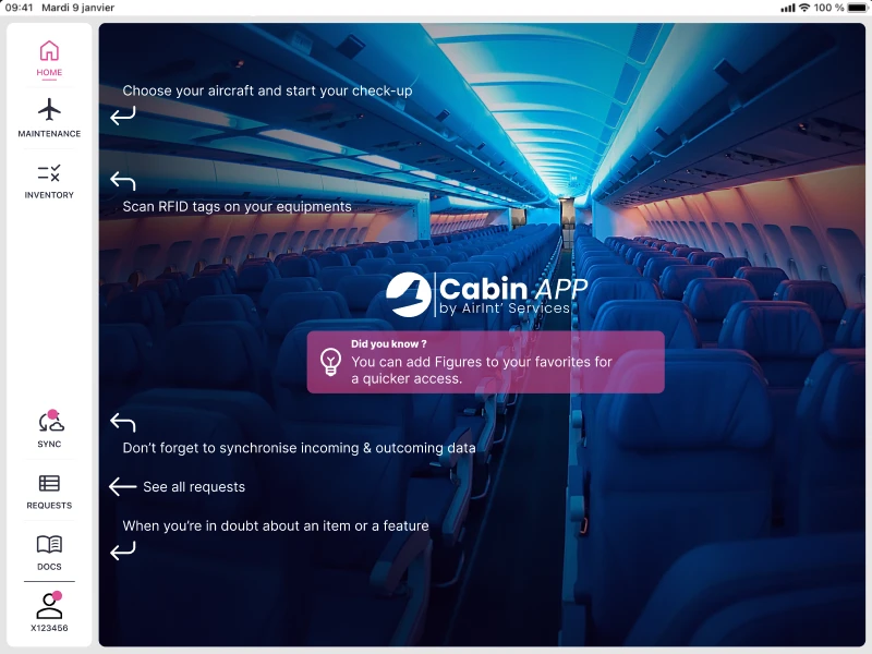 CabinAPP's splash screen with an aircraft cabin with soft lighting. Floating tooltips are explaining each menu item