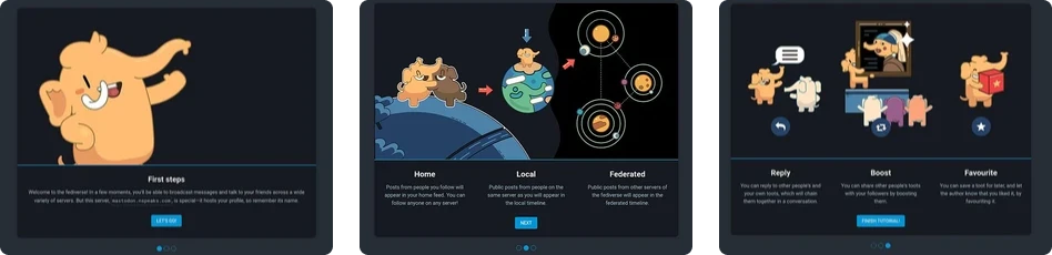 3-step mastodon's original onboarding with its mammoth mascot