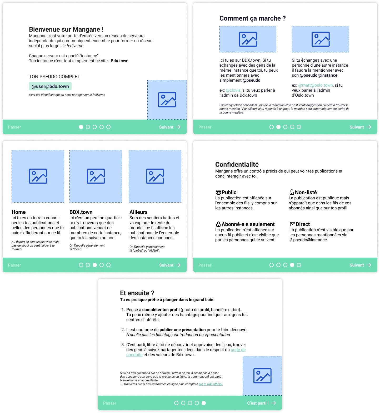 5-step onboarding with a stepper at the bottom and placeholders for the upcoming illustrations